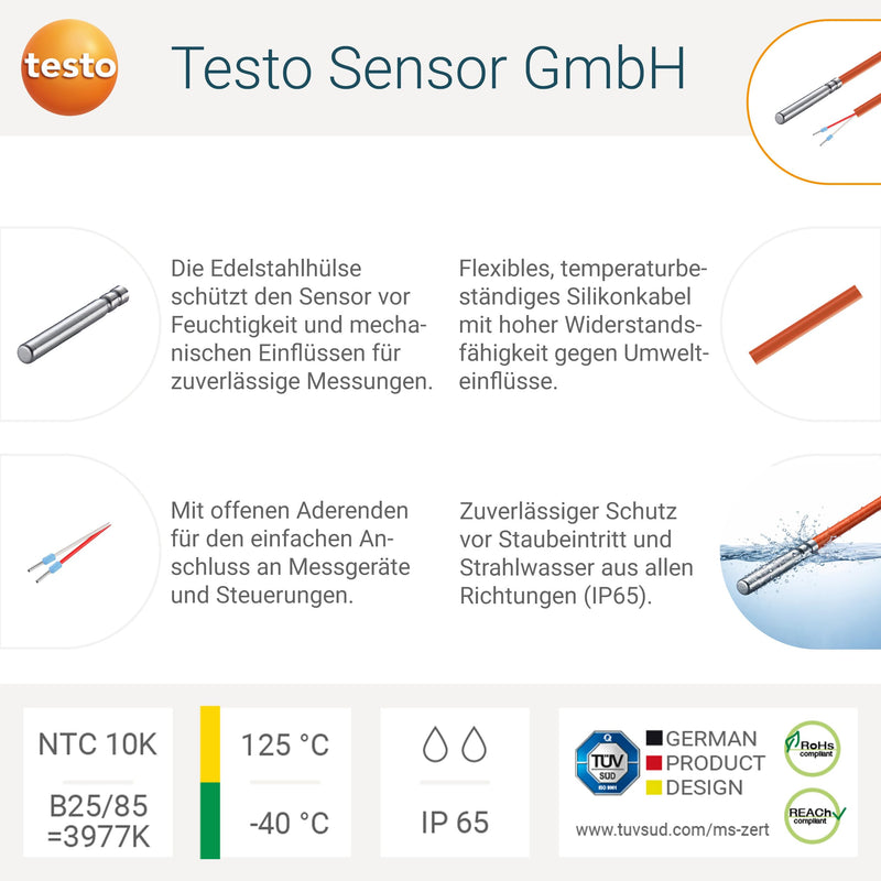 Testo Sensor NTC 10K Cable Sensor 3 m Silicone IP65 +125 °C Solar Heating 3 Meters