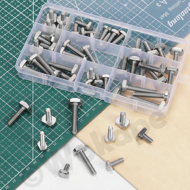 [Australia - AusPower] - 50pcs 304 Stainless Steel T-Slot Bolt Assortment Kit, M5 x 12/16/20/25mm and M6 x 12/16/20/25/30/35mm Drop-in Stud Sliding Bolts T Shape Screws for T Track 