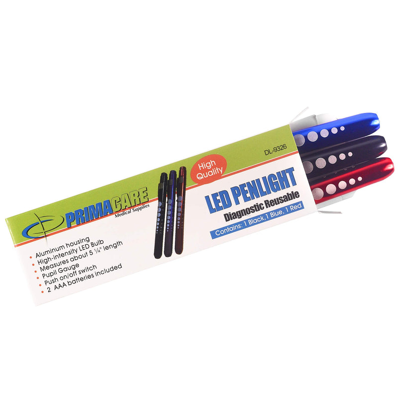 [Australia - AusPower] - Primacare DL-9326 Aluminum Diagnostic Reusable Penlights | Pupil Gauge | 6-Inch LED Medical Pen Light | Professional Medical Supplies for EMT, Nurses, Doctors, Dentists & Hospitals | Multicolor 3 Pack 