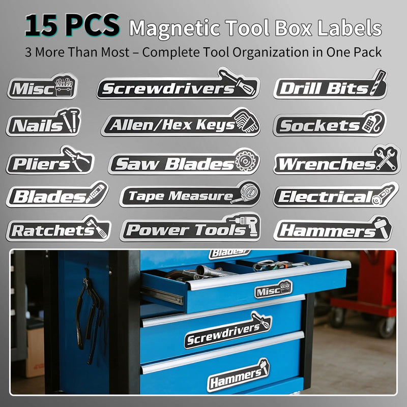 15 Pack Magnetic Toolbox Labels, Tool Box Labels with Magnetic，Toolbox Organizers with Strong Magnet for Steel Toolboxes, Carts, Drawers & Cabinets (Black) Black