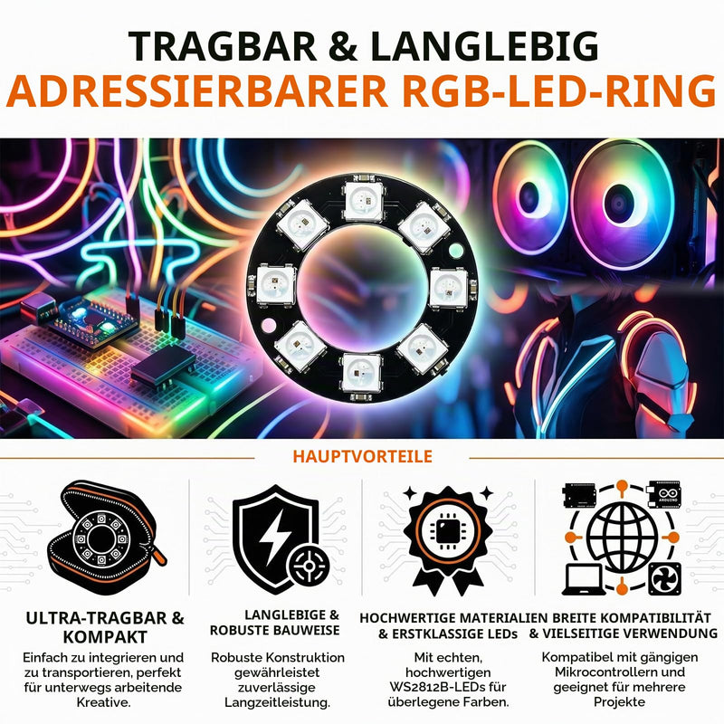 Zolara Pack of 4 RGB LED Ring Module, 5050 LED Full Colour RGB Light Module, 5V RGB LED Ring, Black, Compatible with WS2812B 12-Bit 50 mm, Arduino, Raspberry Pi, DIY Projects