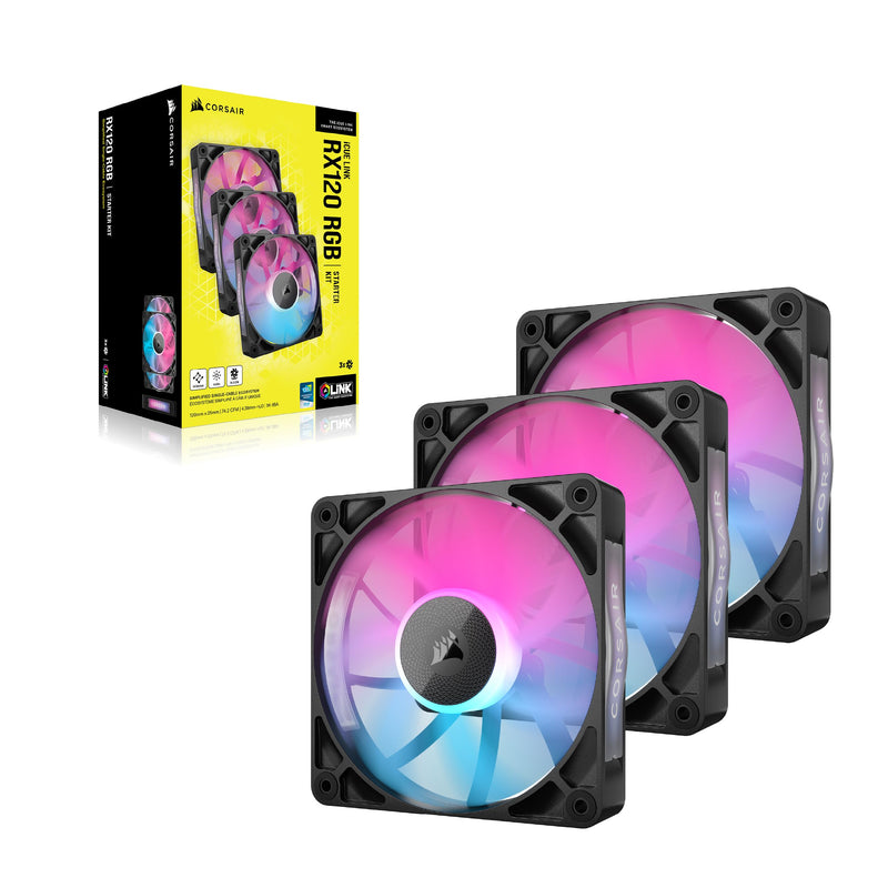 CORSAIR iCUE LINK RX120 RGB 120 mm PWM Fan with iCUE LINK System Hub - Magnetic Dome Bearing - Pack of 3 - Black 3 x 120mm