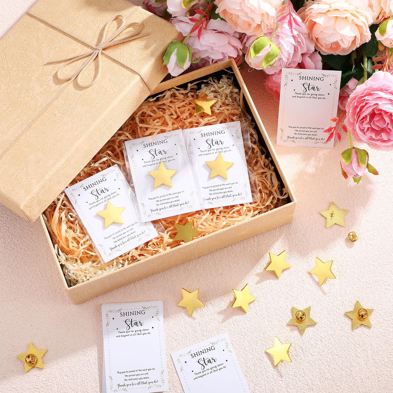 Golden Star Pins Gift Badge Lapel Pins with Inspirational Greeting Cards and Bag Thank You Gifts for Nurse Teacher Employee Team Volunteer 40