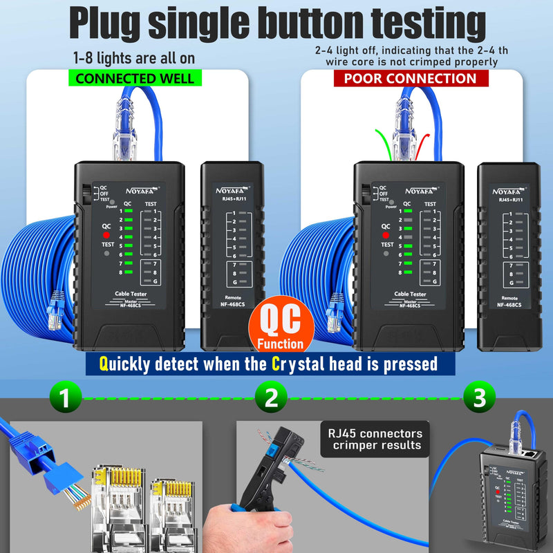 [Australia - AusPower] - NF-468CS Network Cable Tester,RJ45/RJ11/CAT5/CAT6/CAT5E/CAT6A/ CAT7/POE Test UTP/STP Continuity Tester Ethernet Cable Mapper Phone Line CAT3, Ethernet Cable Tester, LAN Cable Test Network Tools Black 