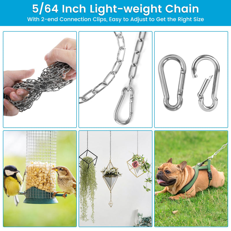[Australia - AusPower] - 10 Feet Long Light Duty Chain, 5/64 Inch Small Metal Chain with 5/32 in Carabiners, Easy to Adjust Stainless Steel Link Chain for Indoor Outdoor Hanging Bird Feeder Wind Chimes Signs Planters Silver 