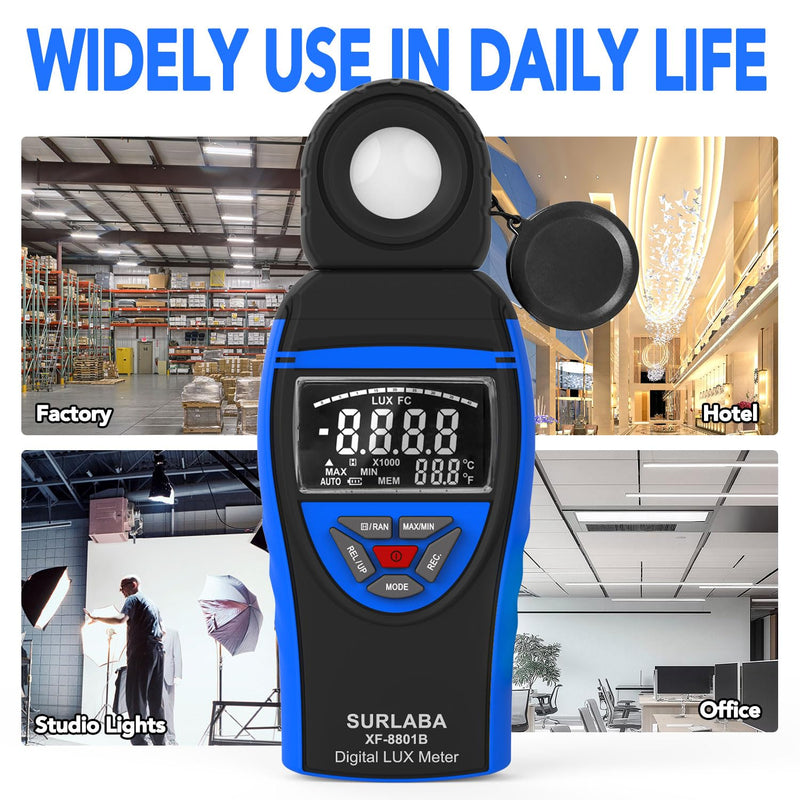 [Australia - AusPower] - Digital Light Meter 0.1-400,000 Lux - Professional Lux/FC Tester with Temperature Sensor, MAX/MIN Hold & 90° Rotatable Sensor for Photography, Plants, and Indoor Lighting (Blue) 