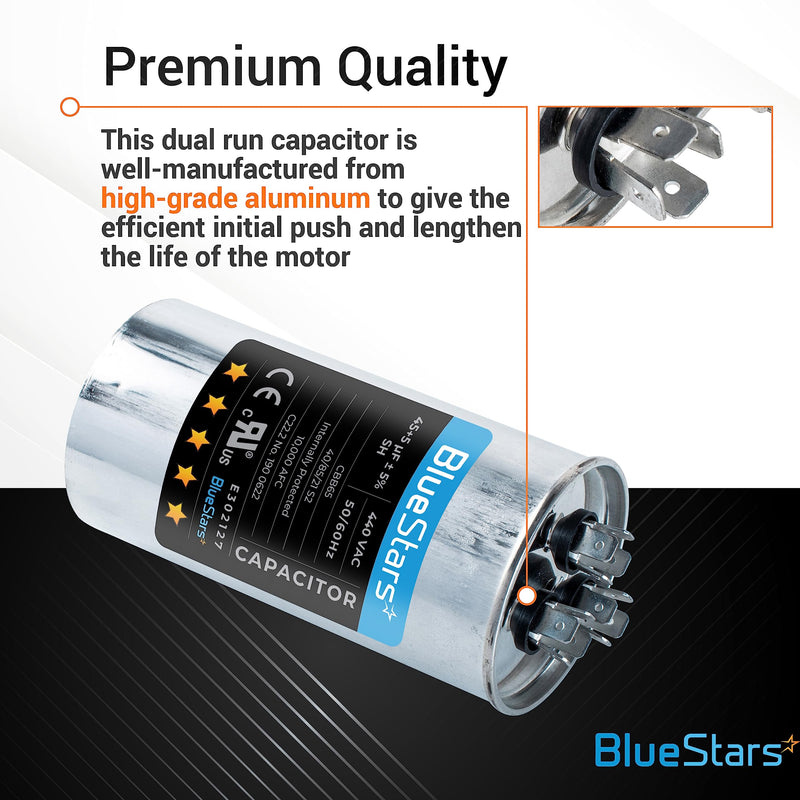 BlueStars Upgraded version 45+5 uf/MFD 45/5 uf 370 or 440 Volt VAC Round Dual Run Capacitor CBB65 50/60 Hz - Compatible for AC Condenser Straight Cool or Heat Pump Air Conditioner 30.000 hrs Pack of 1