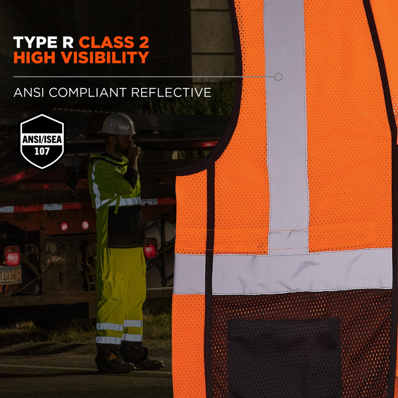 Ergodyne GloWear 8210Z-BK Class 2 Safety Vest, Hi Vis Mesh, Reflective, Black Front, Zipper Orange 4X-Large-5X-Large