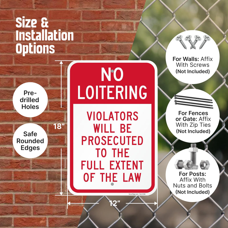 SmartSign No Loitering Violators Will Be Prosecuted Sign - 2 Pack, 18 x 12 inch, 2mm Thick Aluminum Composite, Red and White, Made in USA 12" x 18" - ACM (Pack of 2)