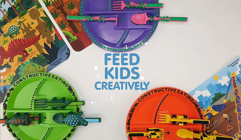 Constructive Eating - Toddler Construction Utensils Made in USA - Silverware for Toddlers - Utensils for Kids - Constructive Eating Utensil Set Yellow Construction