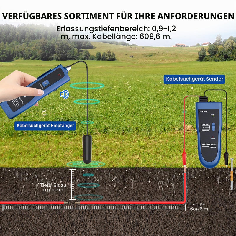 Earth Cable Detector, Cable Tester F02 Pro for Cable Detector, Locate Control Wires, Pet Fence Cable, Up to 3 Metres Deep 2000 Metres Length, Equipped with Rechargeable Battery