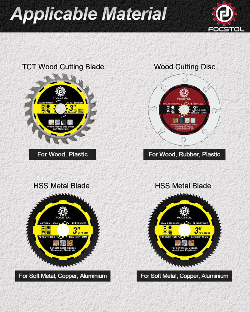 FOCSTOL Cutting Disc Set 75 mm x 10 mm - 4 Pieces Saw Blades for Cutting Wood Metal Plastic for Angle Grinder TCT/Holz/HSS Trennscheibe
