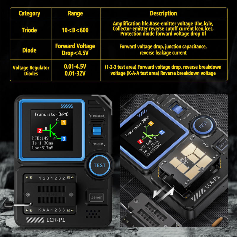 [Australia - AusPower] - Transistor Tester LCR-P1 Transistor Capacitor Tester Multifunctional SMD Electronic Component Tester Diode Triode Zener Diode Resistance Inductance Battery Test LCR Meter MOS PNP NPN ESR Meter 