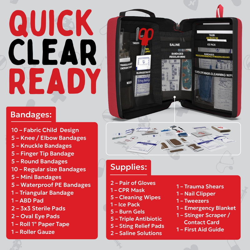 Portable First Aid Kit for Kids with CPR Shield - Ideal for Home, Car, School, Camping, and as a Travel First aid kit. Latex-Free Bandages – Children First Aid Guide by The Life Safety Pro Medium