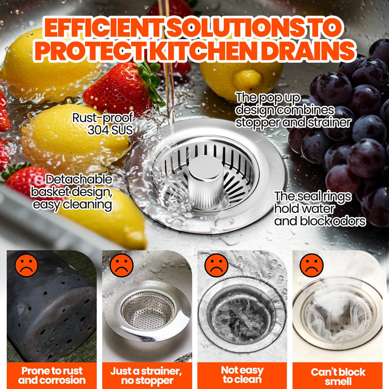 Kitchen Sink Drain Strainer & Sink Stopper, Upgraded 3 in 1 Stainless Steel Drain Plug Combo with Anti-Clog Basket, Pop Up Drain Cover for Standard 3-1/2'', Fits Double Bowl Kitchen Sinks 2pack Chrome Silver