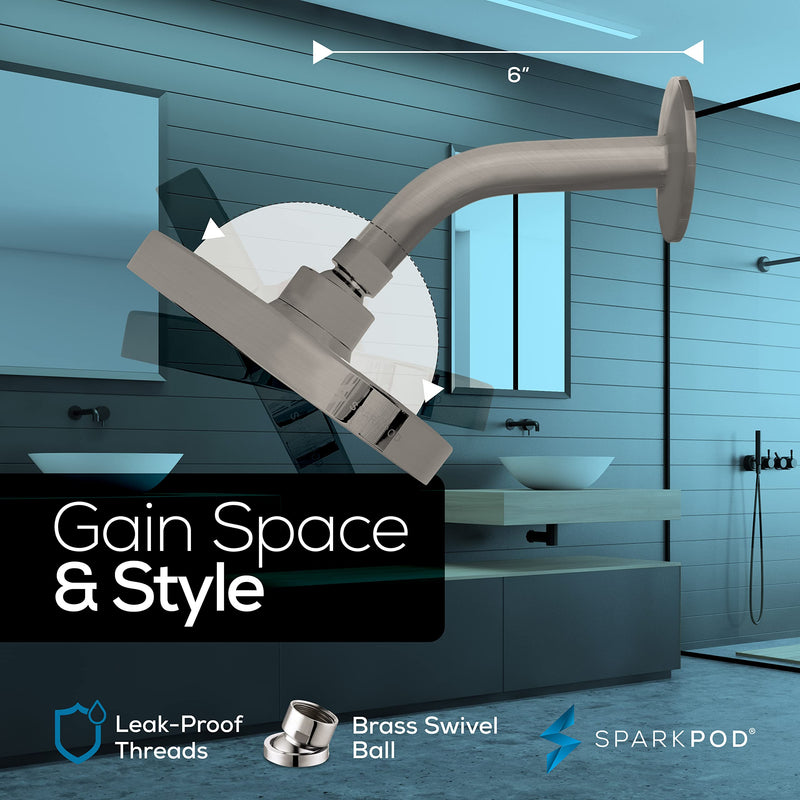 SparkPod 6" Rain Shower Head With 6" Shower Arm - High Pressure Rainfall Experience - No Hassle Tool-less 1-Min Installation - Enjoy Energy Saving Longer Hot Showers - Gain Space & Style - Durability Shower Head + 6 Inch Shower Arm