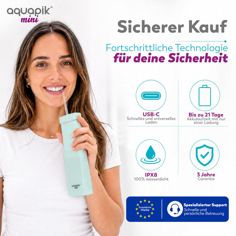 Aquapik Mini Portable Oral Irrigator 200ml USB-C 3 Pressure Levels IPX8 for Office C.blue tragbar