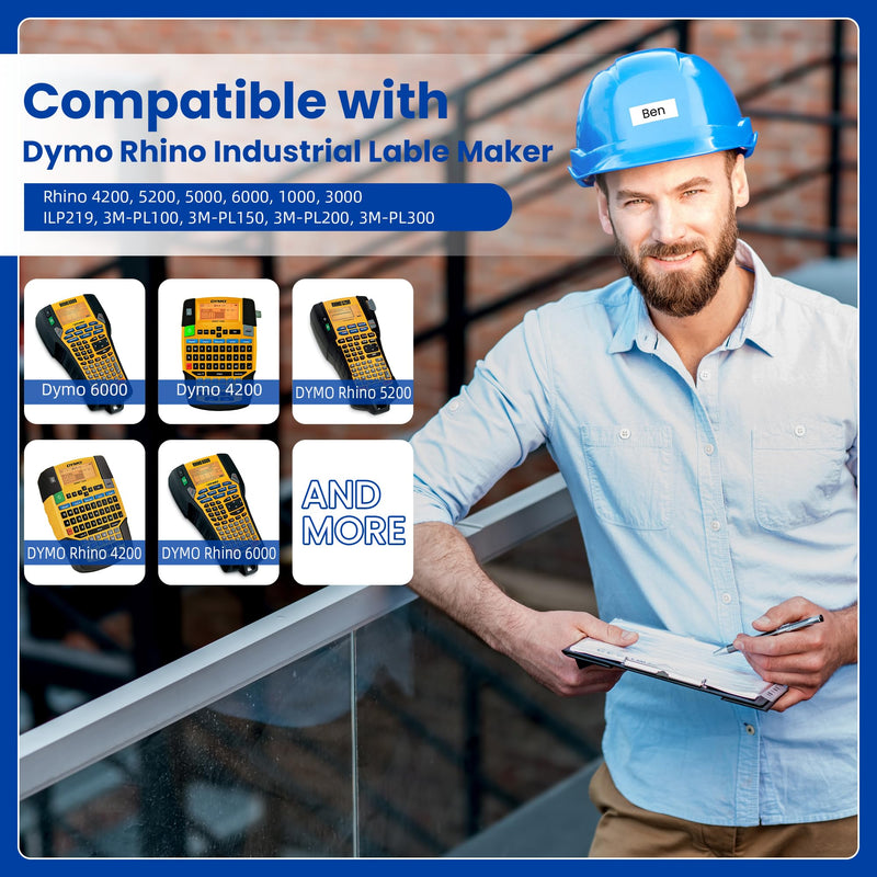 18445 Rhino Label Tape Replacement for Dymo Rhino Industrial Permanent Vinyl Labels Tape, 3/4" (19MM), Work for 4200 5000 5200 6000 Label Maker Refills, Black Print on White Tape, 19mm x 5.5m, 5-Pack 3/4"