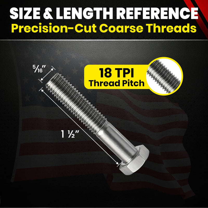 Chenango Supply 5/16-18 x 1-1/2 Stainless Steel Hex Head Bolts – 304 Stainless, USS Coarse Thread, 100,000–125,000 PSI Tensile Strength, Corrosion-Resistant Hardware Bolts, (50 Pieces, 5/16-18 x 1.5) 5/16-18 x 1-1/2 Inch
