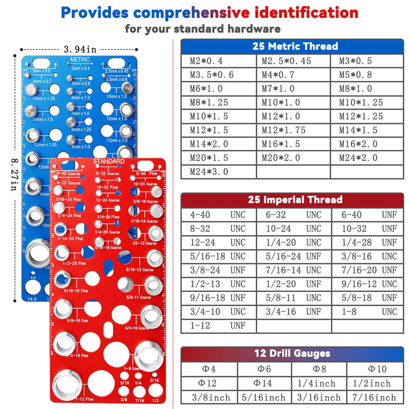 62 Nut and Bolt Thread Checker Standard and Metric Rustproof Nut and Bolt Thread Gauge with 25 Standard & 25 Metric Bolt & 12 Drill Bit Gauge, Bolt and Nut Size Finder for Quick Measurement 62 Thread Checker