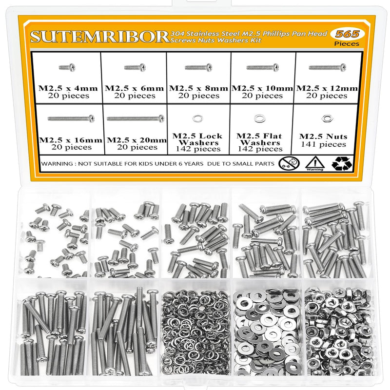 [Australia - AusPower] - 565 Pieces M2.5 Machine Screws Nuts Washers Set, Sutemribor M2.5 x 4/6/8/10/12/16/20mm Phillips Pan Head Machine Screws Nuts Washers Assortment Kit, 304 Stainless Steel, Fully Threaded 