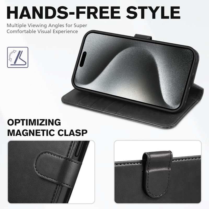 [Australia - AusPower] - TUCCH Case Wallet for iPhone 15 Pro Max, RFID Blocking 4 Card Holder Kickstand Shockproof TPU Inner Case, PU Leather Magnetic Flip Folio Cover, Black 