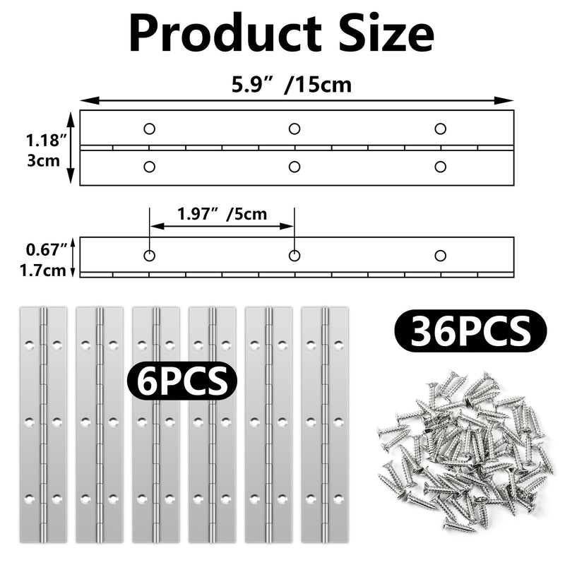 [Australia - AusPower] - 6 PCS 6 Inch Stainless Steel Piano Hinge Heavy Duty with 36 Pcs Screws for Cabinets Boat Marine Door DIY Woodworking Storage Box Hatche Furniture Hardware Silvery silvery-6pcs 