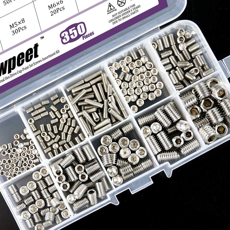 [Australia - AusPower] - Swpeet 350 Pcs Stainless Steel Allen Head Socket Hex Grub Screw Assortment Kit, Including 10 Sizes M3/4/5/6/8 Stainless Steel Internal Hex Drive Cup-Point Set Screws for Door Handles 