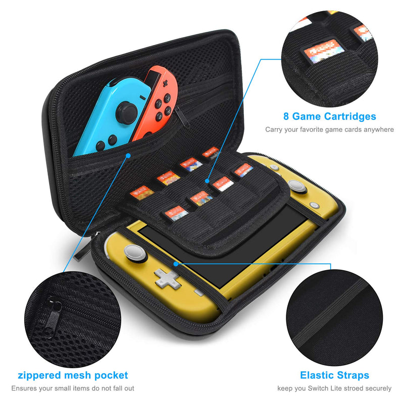 [Australia - AusPower] - Carrying Case Plus TPU Case Cover and Screen Protector Compatible with Nintendo Switch Lite, 4 in 1 Accessories Kit, Portable Carrier Travel Bag Case Comes with 8 Game Card Slots for Switch Lite 2019 Black 