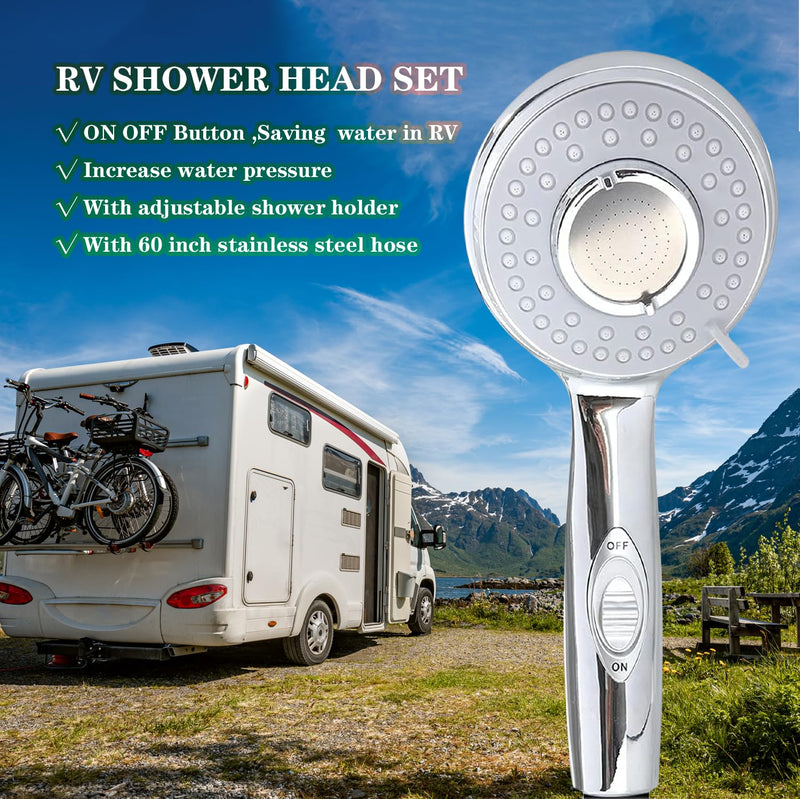 RV Shower Head with Hose and on off switch - High pressure shower head replacement for Bath room、RV、Motor home、Boat、Travel Trailer and Camper - with Stainless Steel 60'' Hose and bracket Chrome