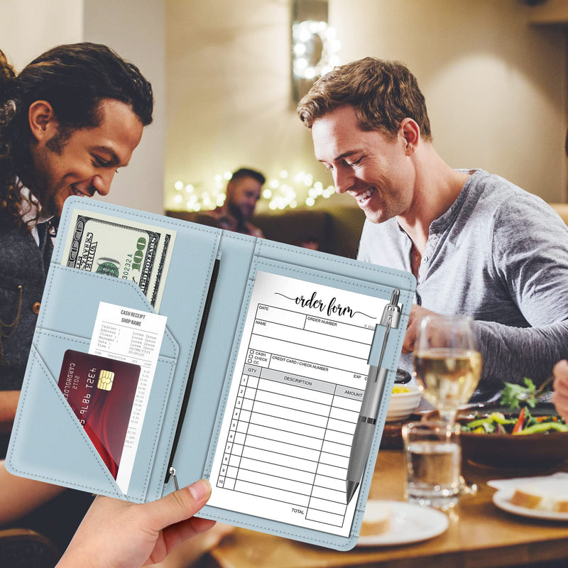 [Australia - AusPower] - Server Book with Zipper Pocket for Waitress, Cute Waiter Server Wallet, Booklet Restaurant Waitstaff Organizer, Serving Guest Check Book Holder Money Pocket Fits Server Apron, Ice Blue 