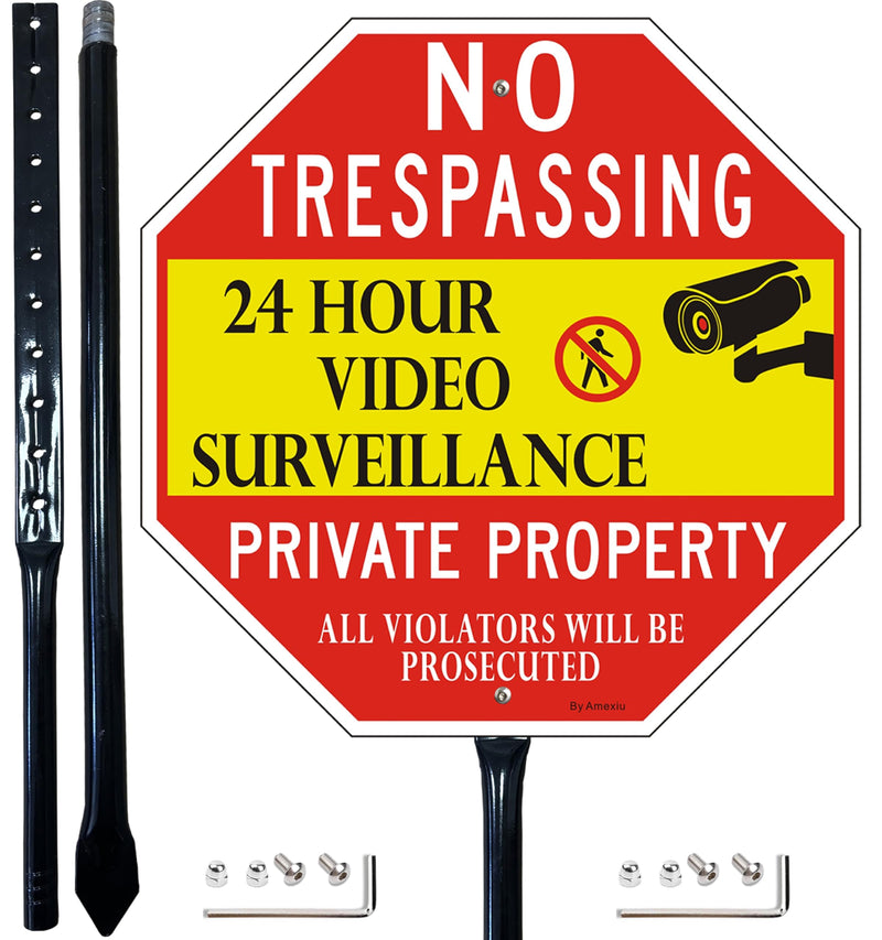 Large No Trespassing Sign Private Property with 36" Metal Stake - 12 x 12 Inches 24 Hour Video Surveillance Signs, Rust-Free& Fade Resistant Aluminum (1 Pack) 12"x12"- 1Pack with Stong stake Red