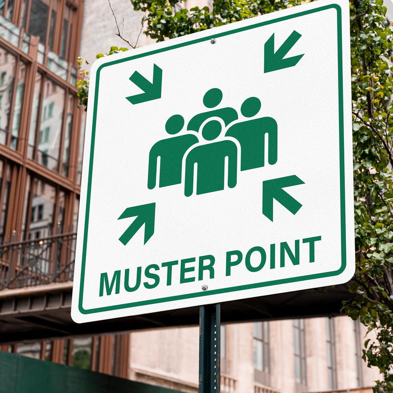 Muster Point Sign with Pre-Drilled Holes 18 × 18 Inches Heavy-Duty Aluminum Reflective Waterproof Signage for Warehouse School Hospital