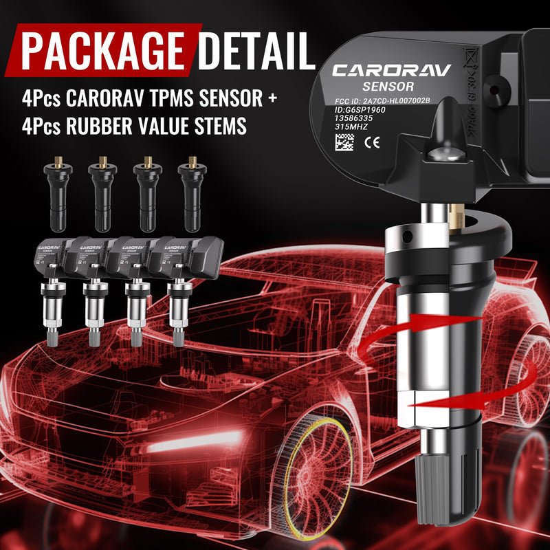 CARORAV TPMS Sensor GM, 4-Pack Tire Pressure Monitoring System Sensor Replacement for GM Chevy GMC Cadillac Buick, 315MHz OE Replaces for 13586335 13581558 13598771 13598772 4 PCS