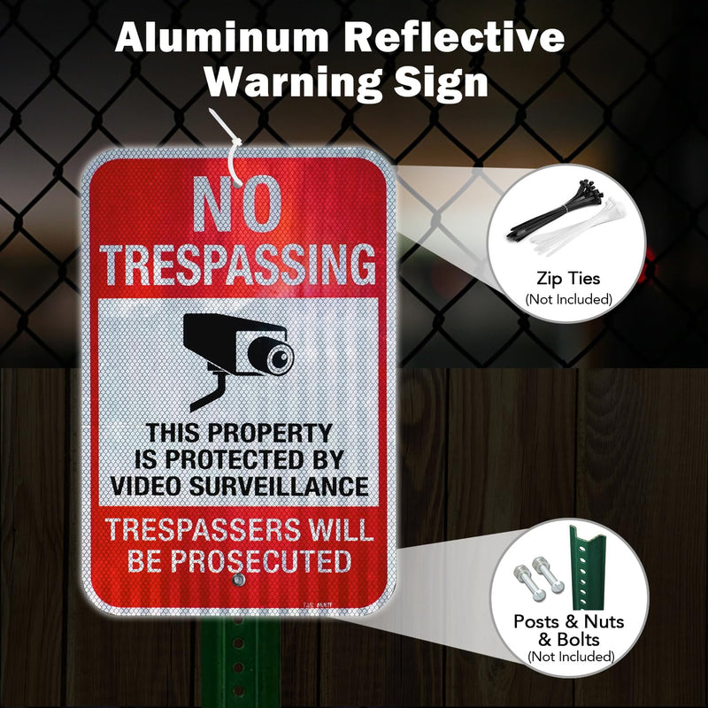 T&R (4 Pack) No Trespassing Private Property Sign Video Surveillance Sign, 18" x 12" Engineer Grade Reflective Sheeting, Rust Free Aluminum, Weather Resistant, Waterproof, Fade Resistant, 2 Pre-drilled Holes Red - 4 Pack