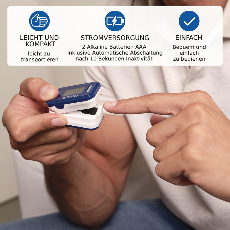 [Australia - AusPower] - SANICO Pulse Oximeter - Digital Heart Rate Monitor, European Brand, Perfusion Index and Blood Oxygen Saturation SpO2 6-Way Adjustable Colour Display - Batteries Included 