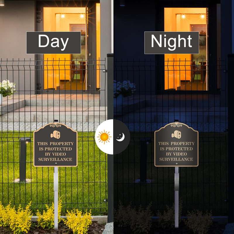 Large (2 Pack) 12X12 Inch Video Surveillance Yard Sign, Reflective, Aluminum, Metal, Weatherproof Up to 7 Years Outdoor, Includes Stakes for Easy Mounting