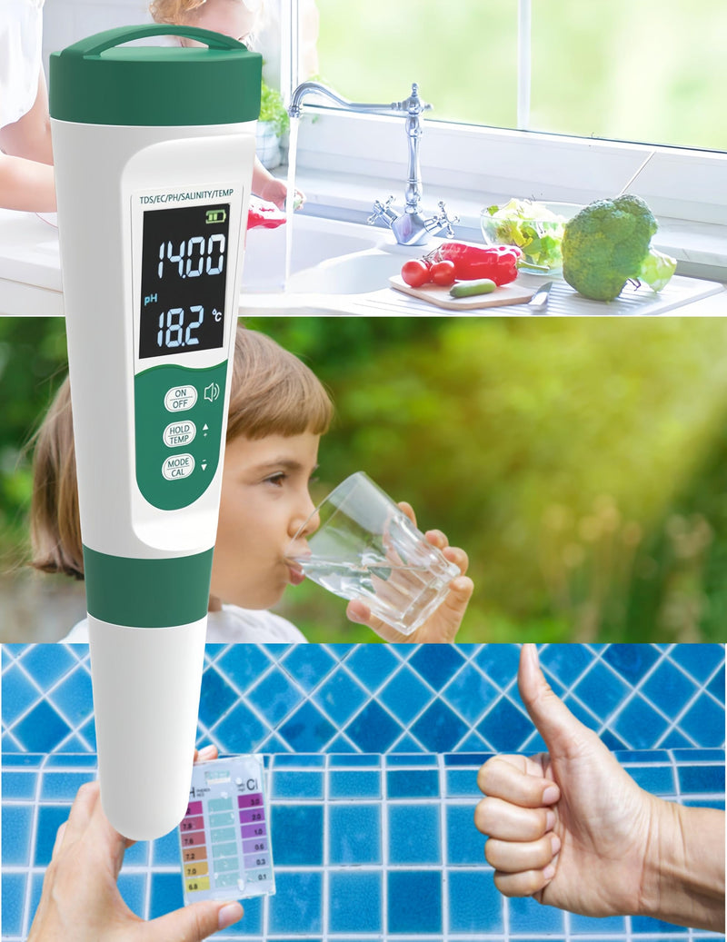 Pool Salt Tester & PH Meter, 5 in 1 Salinity PH Temp EC and TDS Salt Water Tester Kit, Digital Pool Water Tester for Aquarium Saltwater Pool Swimming Pool Hot Tubs Spas, IP65 Water Quality Tester