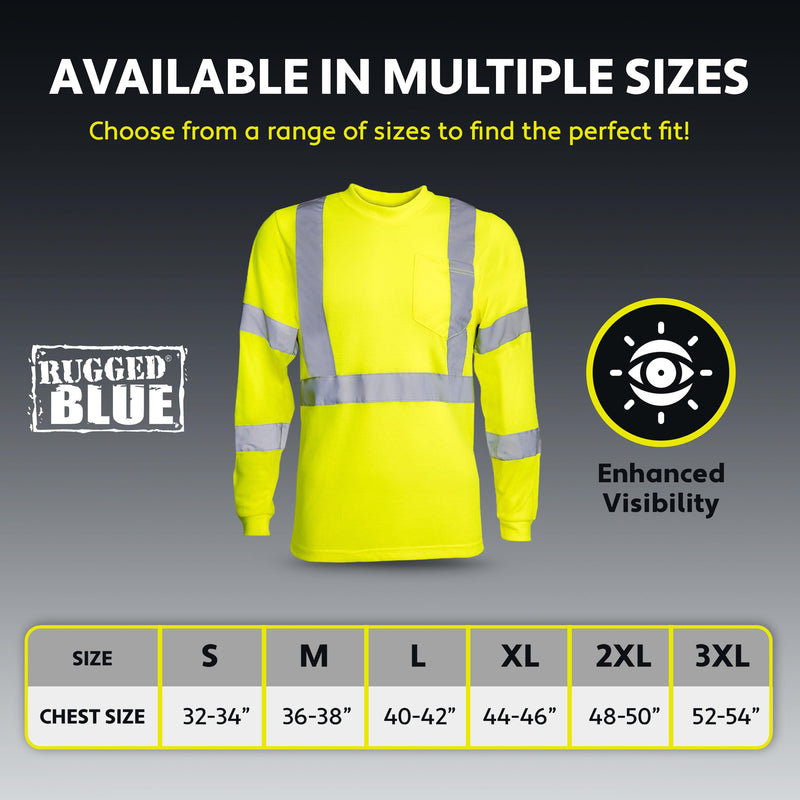 RUGGED BLUE Moisture Wicking High Vis Long Sleeve Shirt, ANSI Class 3 Rated High Visibility Work Shirt with Reflective Tape, Large