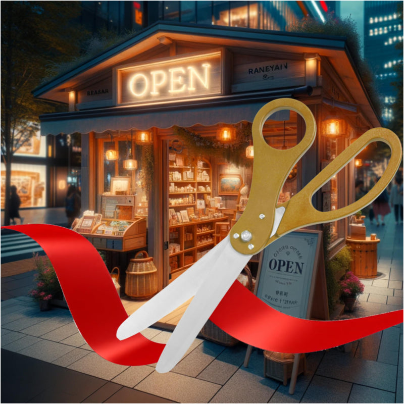 Grand Opening Ceremony Kit– 20 Inch Giant Scissors Gold with Red Ribbon for Inaugurations and Ceremonies Large Ceremonial Scissors for Ribbon Cutting Grand Opening Ribbon and Scissor for Special Event Gold Scissors + Red Ribbon
