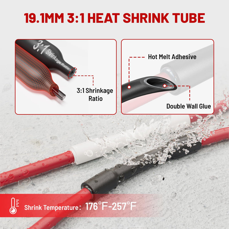 RED WOLF 2/0 AWG 3/8" Battery Cable Lug 20 PCS w/3:1 Heat Shrink Tubing for Wiring Insulation Black Red 20 PCS for Automotive Electrical 00 Gauge Wire Copper Lug Marine Grade M10 Ring Terminal Ends 2/0 AWG-3/8"(M10)