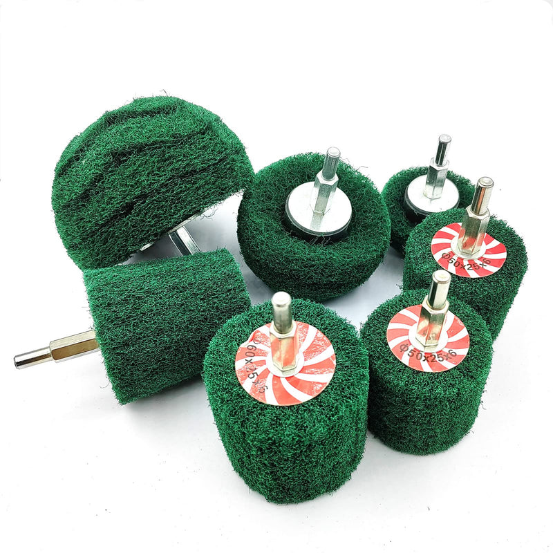 [Australia - AusPower] - 7 PCS Green Abrasive Buffing Wheels with 1/4" Shank 180 Grit Non Woven Buffing Wheels Drill Attachment Set for Polishing Mirror Stainless Steel Copper Aluminum Wood Wares 7 