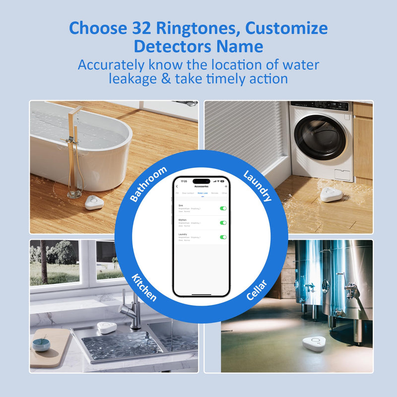 Smart Water Leak Detectors for Home WiFi with App Alerts, Stechro Ajustable 120dB Water Sensor Alarm Leak Detector for Basements Sink Kitchen Laundry, 4 Water Sensors & 1 Gateway 4 Upgraded Sensor&1 Wifi Gateway White