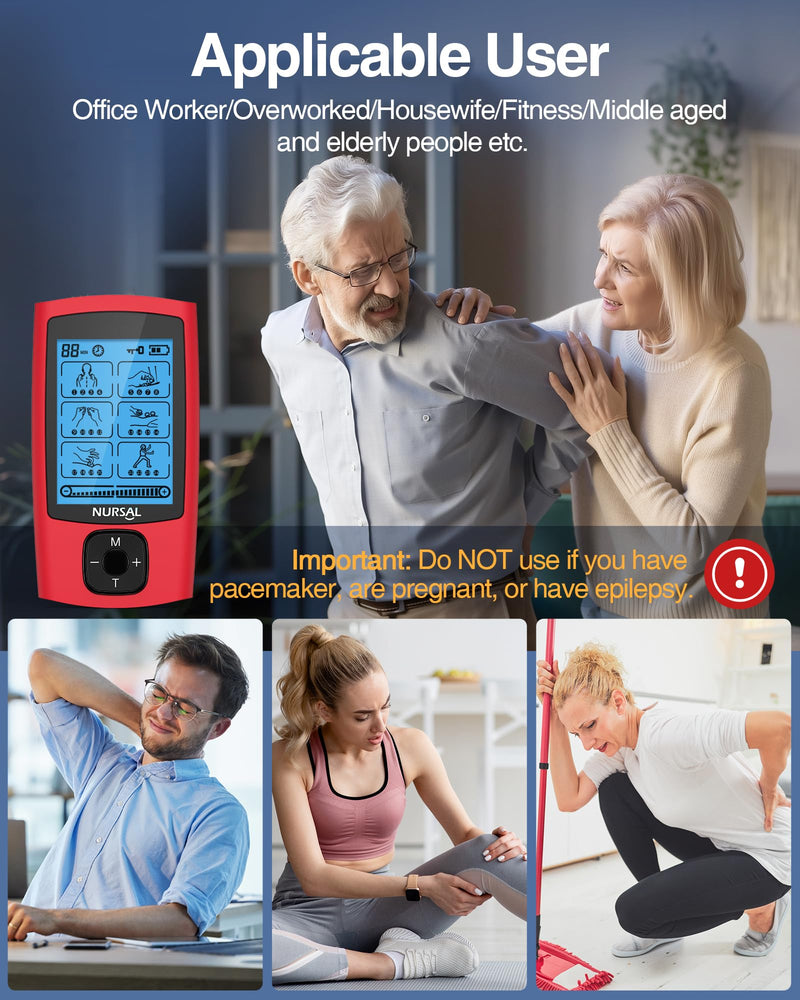 [Australia - AusPower] - NURSAL 24 Modes TENS Unit Muscle Stimulator, Rechargeable Electronic Pulse Massager with 8 Pads for Back and Shoulder Pain Relief and Muscle Strength (Red) 
