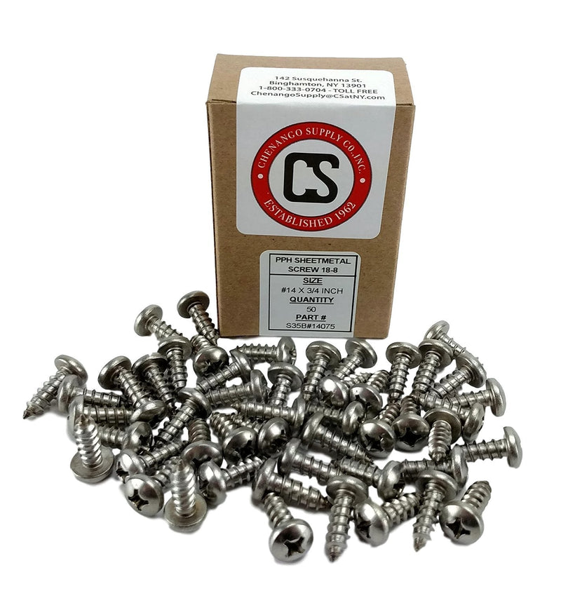 Chenango Supply N.14 X 3/4inches Stainless Phillips Pan Head Sheetmetal Screw (1/2inches to 2-1/2inches in Listing) 50 Sheet Metal Screws (N.14 X 3/4 #14 X 3/4"