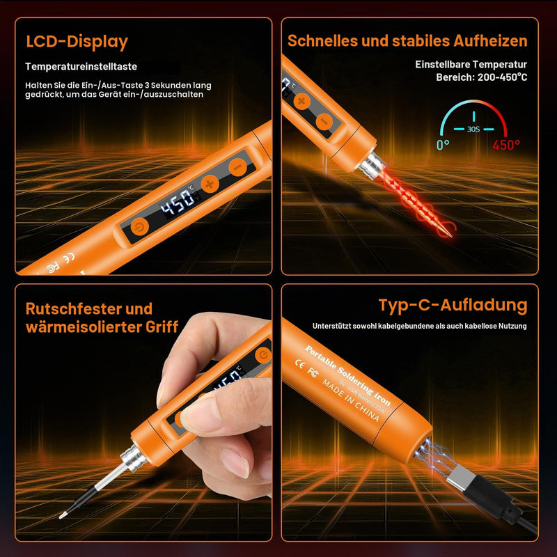 Battery Soldering Iron Set with Stand, Portable Wireless Soldering Iron with LCD, Adjustable Temperature 180-450°C, 3 Soldering Tips, Suitable for Repair Circuit Boards, Welding Repairs - Orange