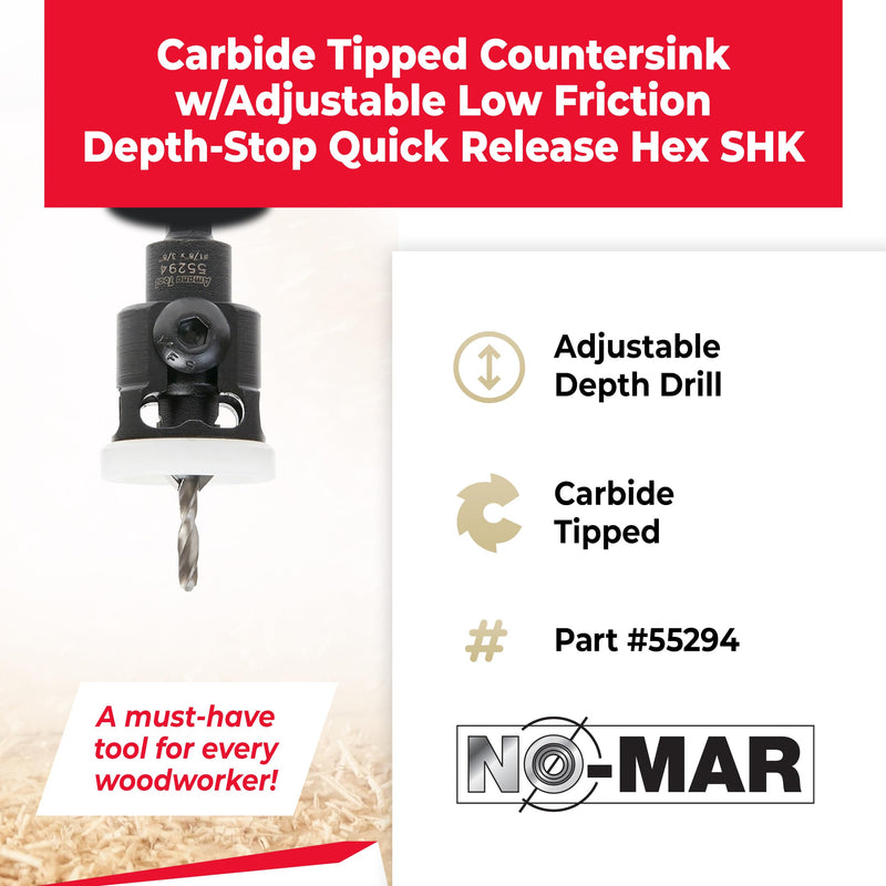 Amana Tool 82 Degree Countersink with Adjustable Low Friction Drill Bit Depth Stop, 55294, 3/8 D x 1/8 Drill Dia x 1/4 Inch Quick Release Hex Shank