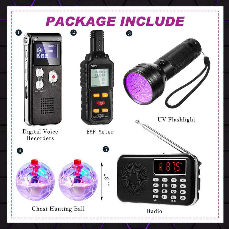 [Australia - AusPower] - Dunzy 6 Pcs Ghost Hunting Equipment Kit Includes 1 Electromagnetic Paranormal Radiation Detector 1 8gb EVP Digital Recorder 1 Hand Held Radio 1 UV Flashlight 2 LED Light up Cat Balls 