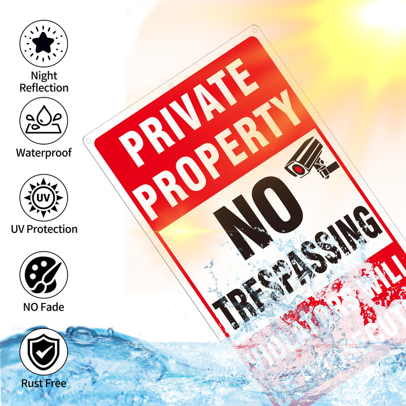 4 Pack Large Private Property No Trespassing Signs, Aluminum No Trespassing Video Surveillance Sign, No Trespassing Signs–Weatherproof and Highly Visible for Property Protection (10x14 inches) 10 x 14 inches Red No Trespassing Signs
