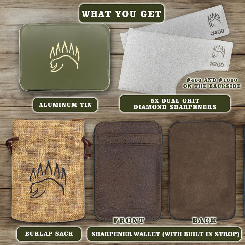 2X Dual Grit Diamond Sharpening Stone + Leather Wallet Strop | By The Bear Essentials | Pocket Credit-Card Sized Field Sharpener for Camping, Bushcraft, Outdoors, Survival, EDC - Light Brown